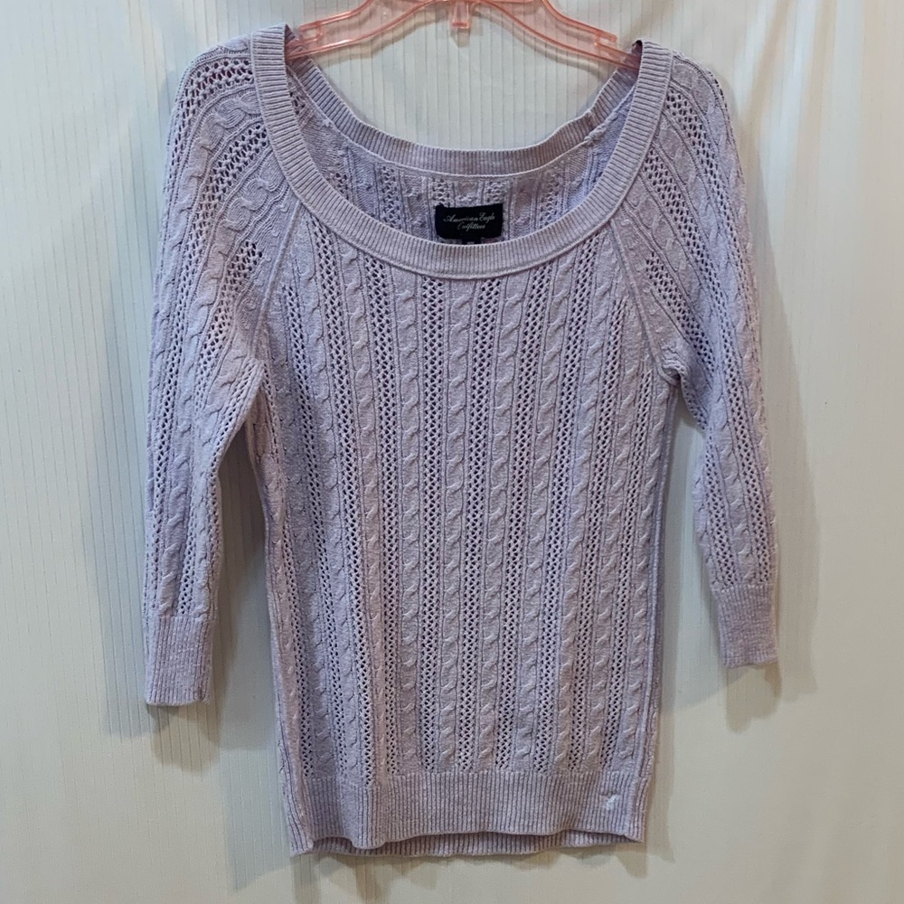 American Eagle Lavender Cable Knit Scoop Neck 3/4 Sleeve Wool Blend Medium